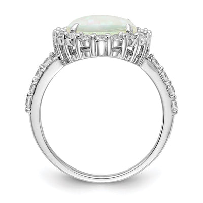 Cheryl M Sterling Silver Rhodium-plated Cabochon Lab Created Opal and Brilliant-cut CZ Halo Ring