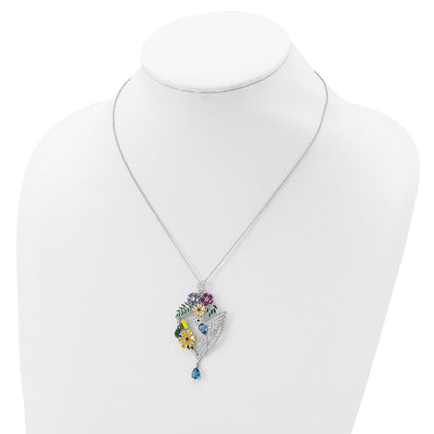 Cheryl M Sterling Silver Rhodium-plated Enameled Multicolor Brilliant-cut Glass and CZ Floral Hummingbird Necklace