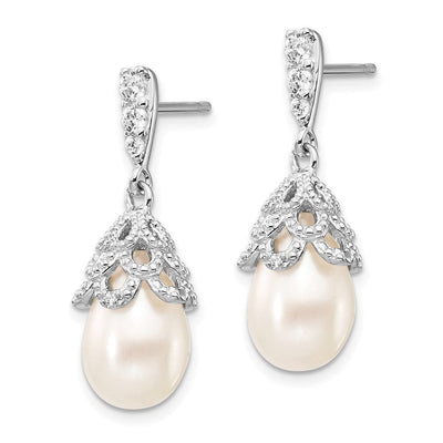 Cheryl M Sterling Silver Rhodium-plated Teardrop White Freshwater Cultured Pearl and Brilliant-cut CZ Post Dangle Earrings, 25 x 10mm