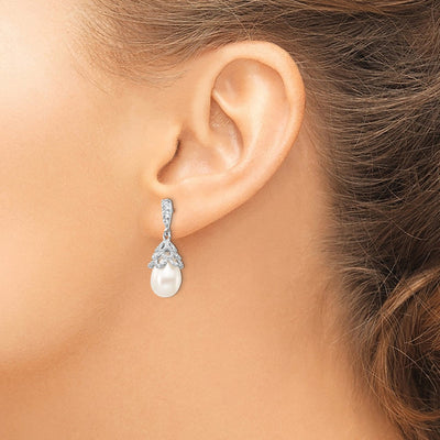 Cheryl M Sterling Silver Rhodium-plated Teardrop White Freshwater Cultured Pearl and Brilliant-cut CZ Post Dangle Earrings, 25 x 10mm