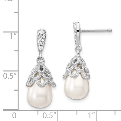 Cheryl M Sterling Silver Rhodium-plated Teardrop White Freshwater Cultured Pearl and Brilliant-cut CZ Post Dangle Earrings, 25 x 10mm