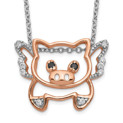 Cheryl M Sterling Silver Rose Gold-plated Brilliant-cut Black Glass and Brilliant-cut White CZ Flying Pig Necklace