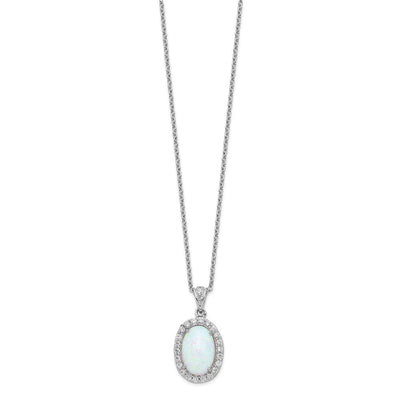 Cheryl M Sterling Silver Rhodium-plated Cabochon Lab Created Opal and Brilliant-cut CZ Oval Halo Necklace, 18 x 12mm