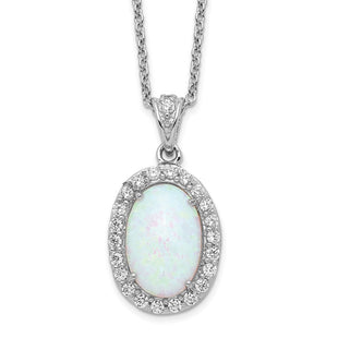 Cheryl M Sterling Silver Rhodium-plated Cabochon Lab Created Opal and Brilliant-cut CZ Oval Halo Necklace (Style QCM934-18)