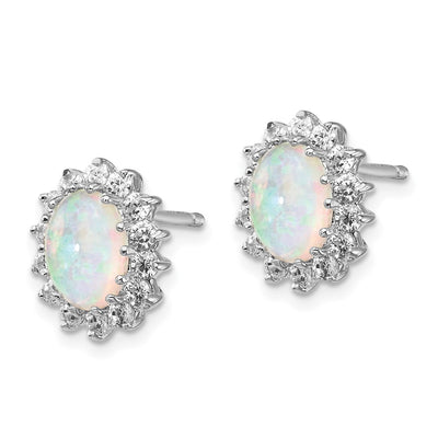 Cheryl M Sterling Silver Rhodium-plated Cabochon Lab Created Opal and Brilliant-cut CZ Oval Halo Post Earrings, 13 x 10mm
