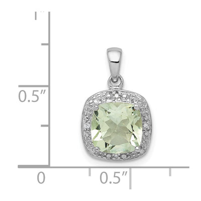 Sterling Silver Rhodium Plated Green Quartz and Diamond Pendant, 17 x 11mm
