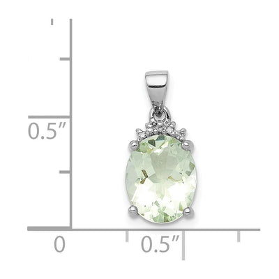Sterling Silver Rhodium Plated Green Quartz and Diamond Pendant, 18 x 8mm