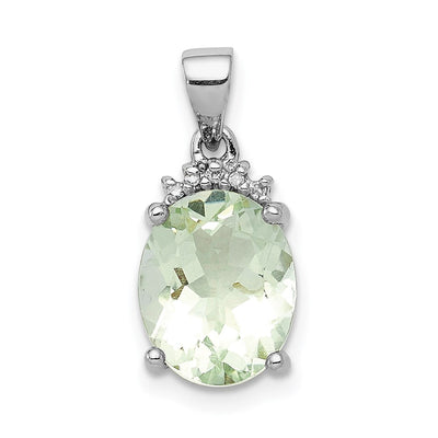 Sterling Silver Rhodium Plated Green Quartz and Diamond Pendant, 18 x 8mm