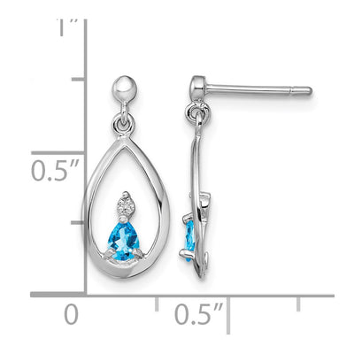 Sterling Silver Rhodium Plated Blue Topaz and Diamond Post Earrings, 19 x 8mm