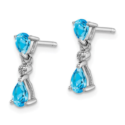 Sterling Silver Rhodium Plated Blue Topaz and Diamond Post Earrings, 14 x 4mm