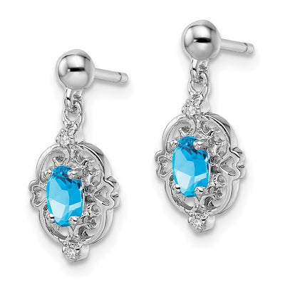 Sterling Silver Rhodium Plated Blue Topaz and Diamond Post Earrings, 17 x 7mm