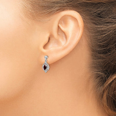 Sterling Silver Rhodium Plated Garnet and Diamond Post Earrings, 17 x 7mm