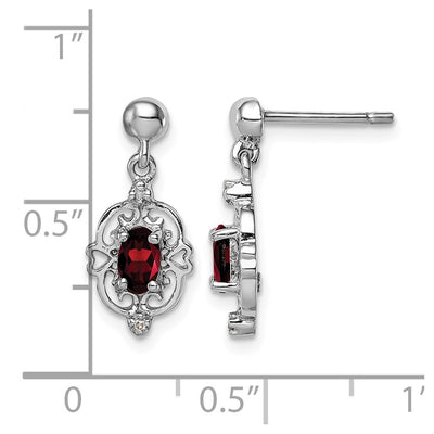 Sterling Silver Rhodium Plated Garnet and Diamond Post Earrings, 17 x 7mm