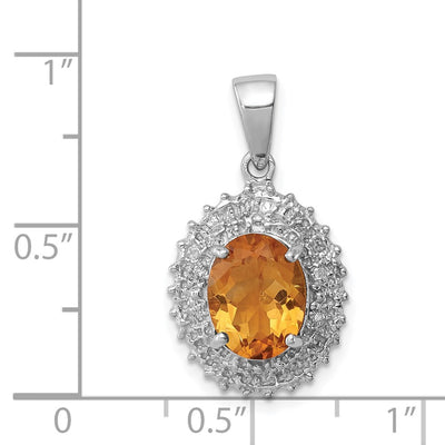 Sterling Silver Rhodium Citrine & Diamond Pendant, 23 x 12mm