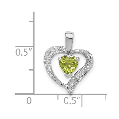 Sterling Silver Rhodium Plated Peridot and Diamond Heart Pendant