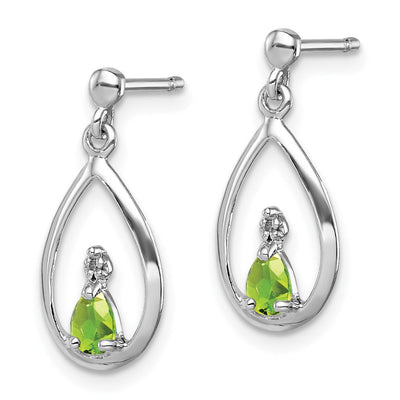 Sterling Silver Rhodium Plated Pear Peridot and Diamond Post Earrings, 19 x 8mm