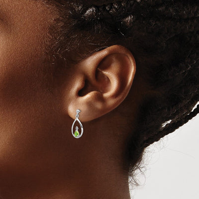 Sterling Silver Rhodium Plated Pear Peridot and Diamond Post Earrings, 19 x 8mm