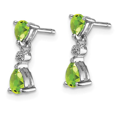 Sterling Silver Rhodium Plated Pear Peridot and Diamond Post Earrings, 13 x 4mm