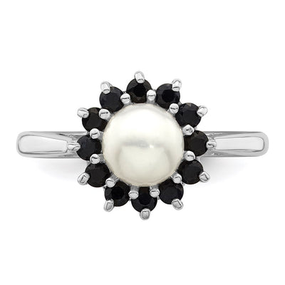 Sterling Silver Rhodium FW Cultured Button Pearl & Sapphire Ring