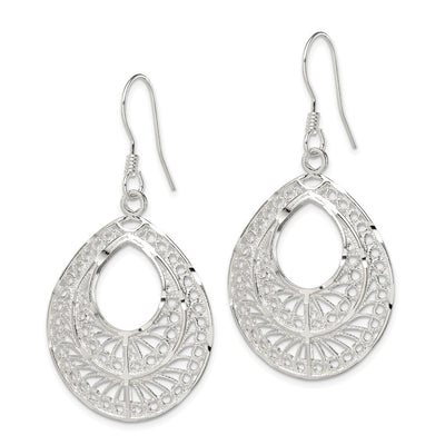 Sterling Silver Polished Textured D/C Filigree Teardrop Dangle Earrings, 44 x 25mm