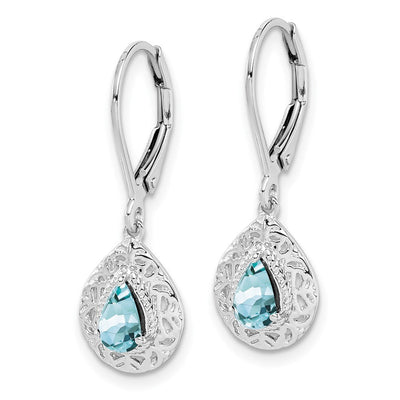 Sterling Silver Rhodium-plated Aquamarine Lever Back Earrings, 28 x 9mm