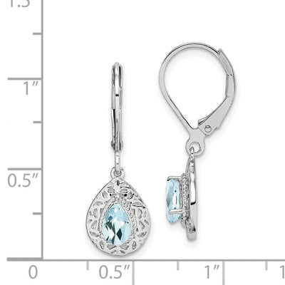 Sterling Silver Rhodium-plated Aquamarine Lever Back Earrings, 28 x 9mm