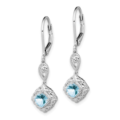 Sterling Silver Rhodium-plated Aquamarine Lever Back Earrings, 32 x 9mm