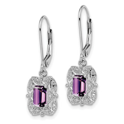 Sterling Silver Rhodium-plated Diamond and Amethyst Earrings, 30 x 9mm