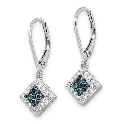 White Night Sterling Silver Rhodium-plated White and Blue Diamond Dangle Leverback Earrings