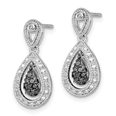 White Night Sterling Silver Rhodium-plated Black and White Diamond Double Teardrop Dangle Post Earrings