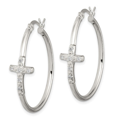 Sterling Silver Polished CZ Cross Round Hoop Earrings