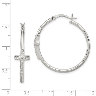 Sterling Silver Polished CZ Cross Round Hoop Earrings