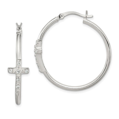 Sterling Silver Polished CZ Cross Round Hoop Earrings