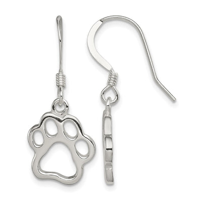 Sterling Silver Polished Paw Print Shepherd Hook Earrings, 30 x 13mm