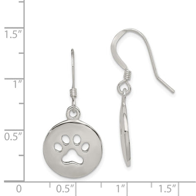 Sterling Silver Polished Paw Print Shepherd Hook Earrings, 33 x 16mm