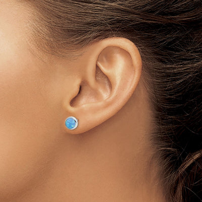 Sterling Silver RH-plated Polished Blue Created Opal Round Stud Earrings, 9 x 9mm