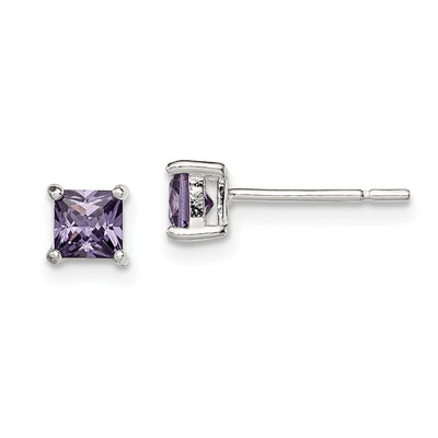 Sterling Silver Polished Square Purple CZ Stud Earrings