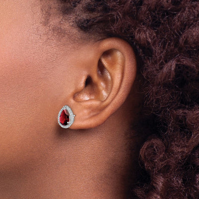 Sterling Silver Rhodium Polished Garnet & CZ Post Earrings