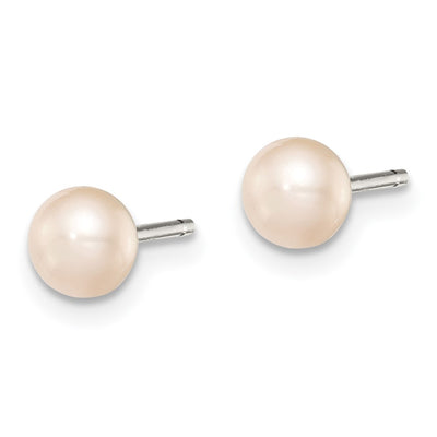 Sterling Silver Rhodium-plated Pink Button Freshwater Cultured Pearl Post Earrings, 4 to 5 x 4 to 5mm