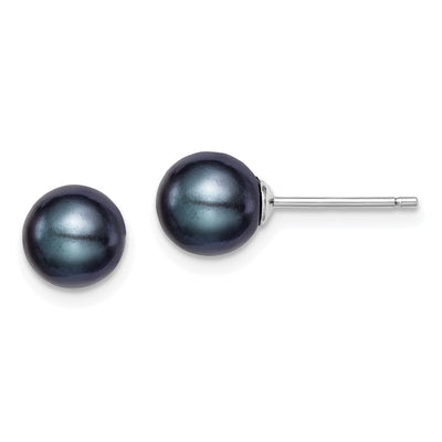 Sterling Silver Rhodium-plated Black Round Freshwater Cultured Pearl Post Earrings