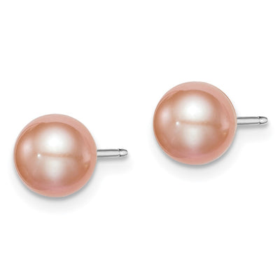 Sterling Silver Rhodium-plated Pink Round Freshwater Cultured Pearl Post Earrings