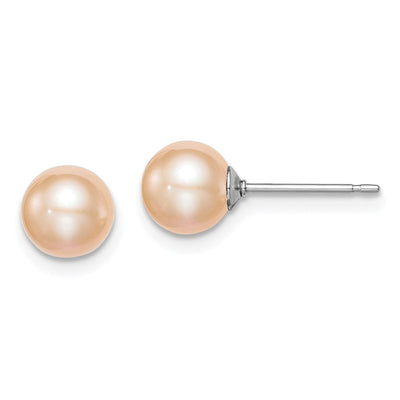 Sterling Silver Rhodium-plated Pink Round Freshwater Cultured Pearl Post Earrings