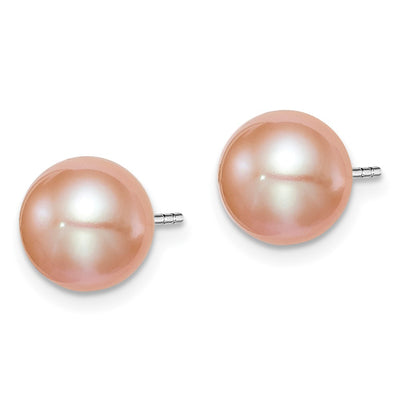 Sterling Silver Rhodium-plated Pink Round Freshwater Cultured Pearl Post Earrings