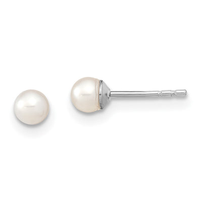 Sterling Silver Rhodium-plated White Round Freshwater Cultured Pearl Post Earrings