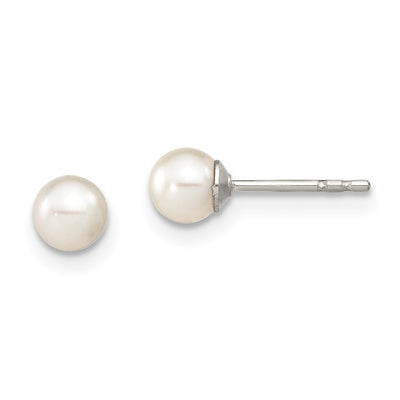 Sterling Silver Rhodium-plated White Round Freshwater Cultured Pearl Post Earrings