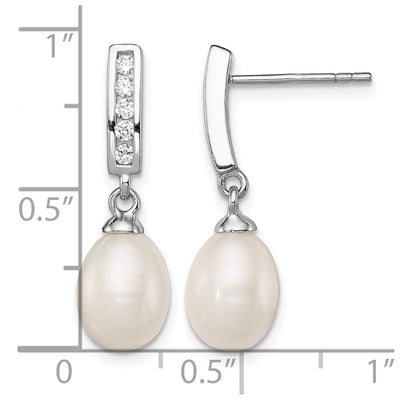 Sterling Silver Rhodium-plated White Rice Freshwater Cultured Pearl and CZ Post Dangle Earrings, 24 x 8 to 9mm
