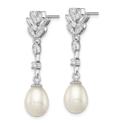 Sterling Silver Rhodium-plated White Teardrop Freshwater Cultured Pearl and CZ Post Dangle Earrings, 36 x 8 to 9mm