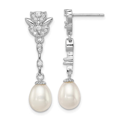 Sterling Silver Rhodium-plated White Teardrop Freshwater Cultured Pearl and CZ Post Dangle Earrings, 36 x 8 to 9mm