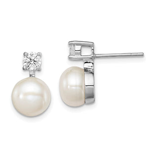 Sterling Silver Rhodium-plated 7- White Button Freshwater Cultured Pearl and CZ Post Earrings (Style QE12750)