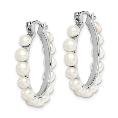 Sterling Silver Rhodium-plated White Button Freshwater Cultured Pearl Hoop Earrings